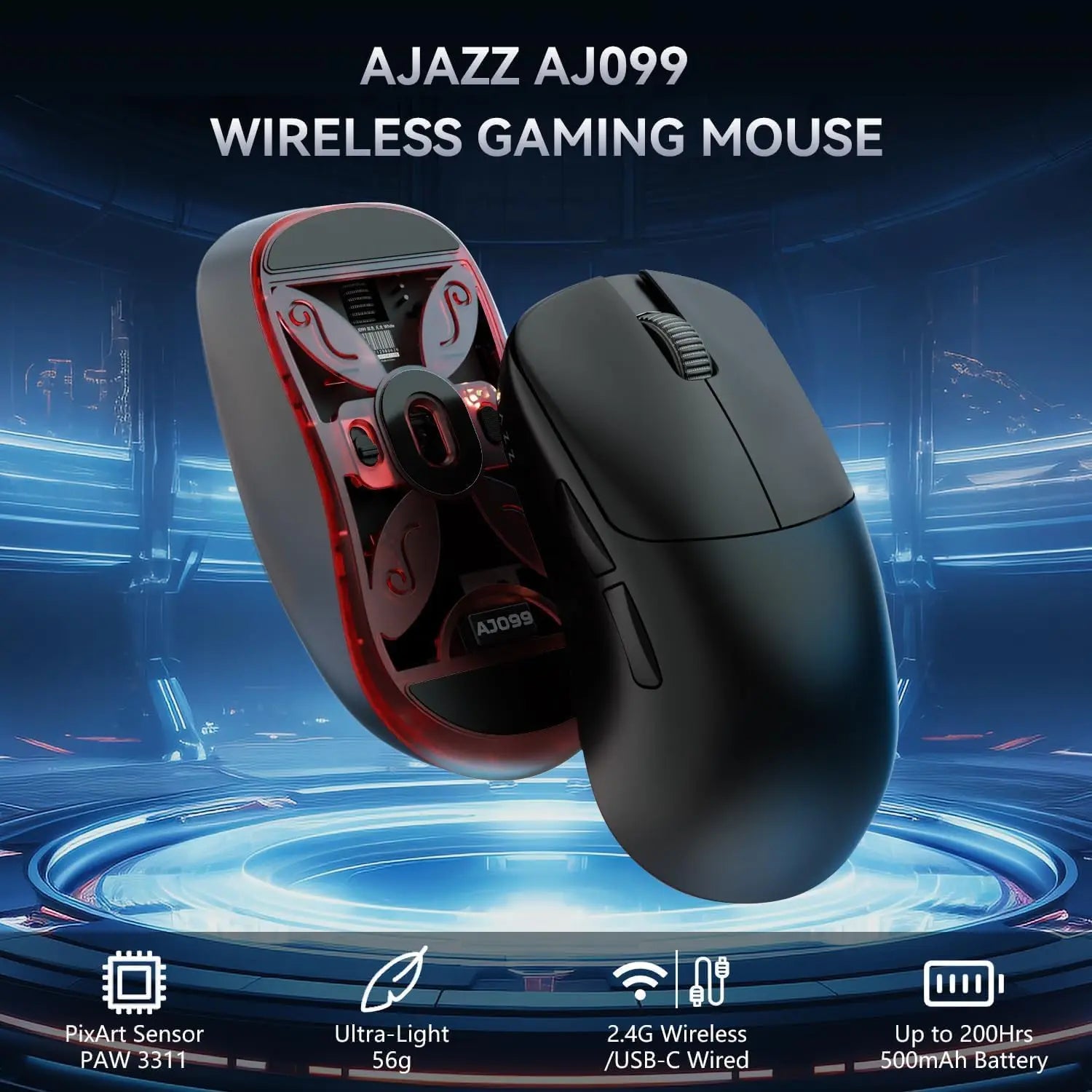 Ajazz AJ099 Superlight Wireless Gaming Mouse, Ergonomic 54g Ultra Lightweight 2.4Ghz/Wired Mouse, PAW331112K DPI for Win/MAC