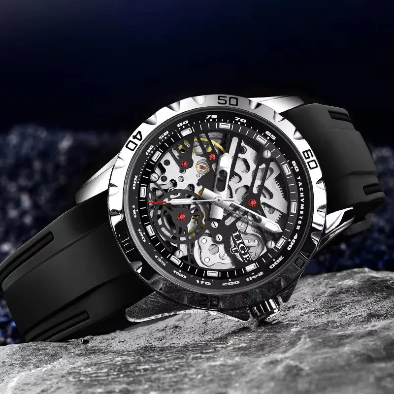 LIGE Luxury Men Watches Automatic Mechanical Wristwatch Skeleton Design Waterproof Silicone Strap Male Watch Reloj Hombre+Box