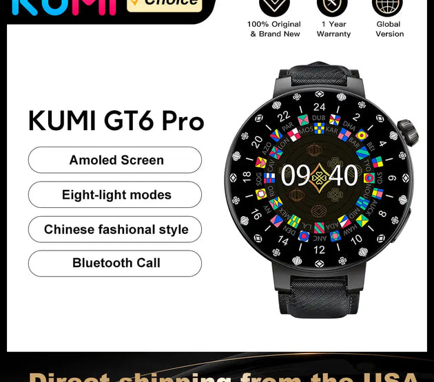 KUMI GT6 Pro 1.3-inch AMOLED Screen Bluetooth Call5.1 IP68 Waterproof Eight light modes Chinese fashion style Smart watch