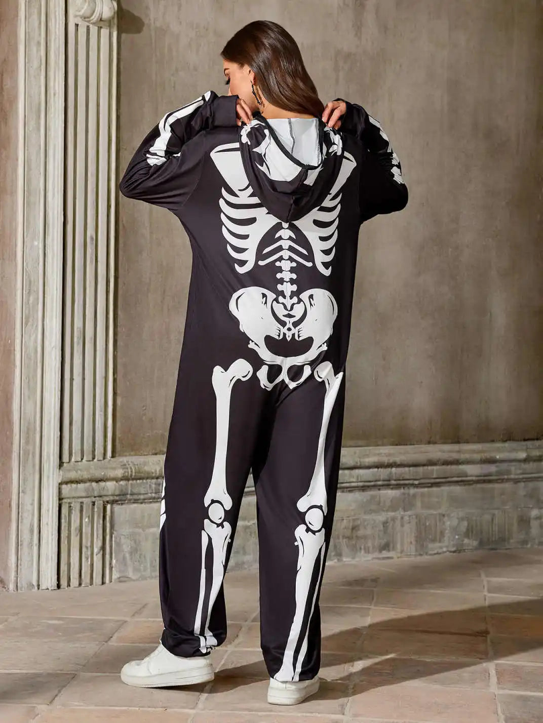 Adult Skeleton Onesie Costume, Black and White, Hooded Halloween Jumpsuit, Women Skull Bodysuits