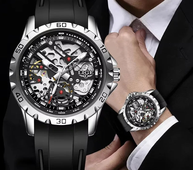 LIGE Luxury Men Watches Automatic Mechanical Wristwatch Skeleton Design Waterproof Silicone Strap Male Watch Reloj Hombre+Box