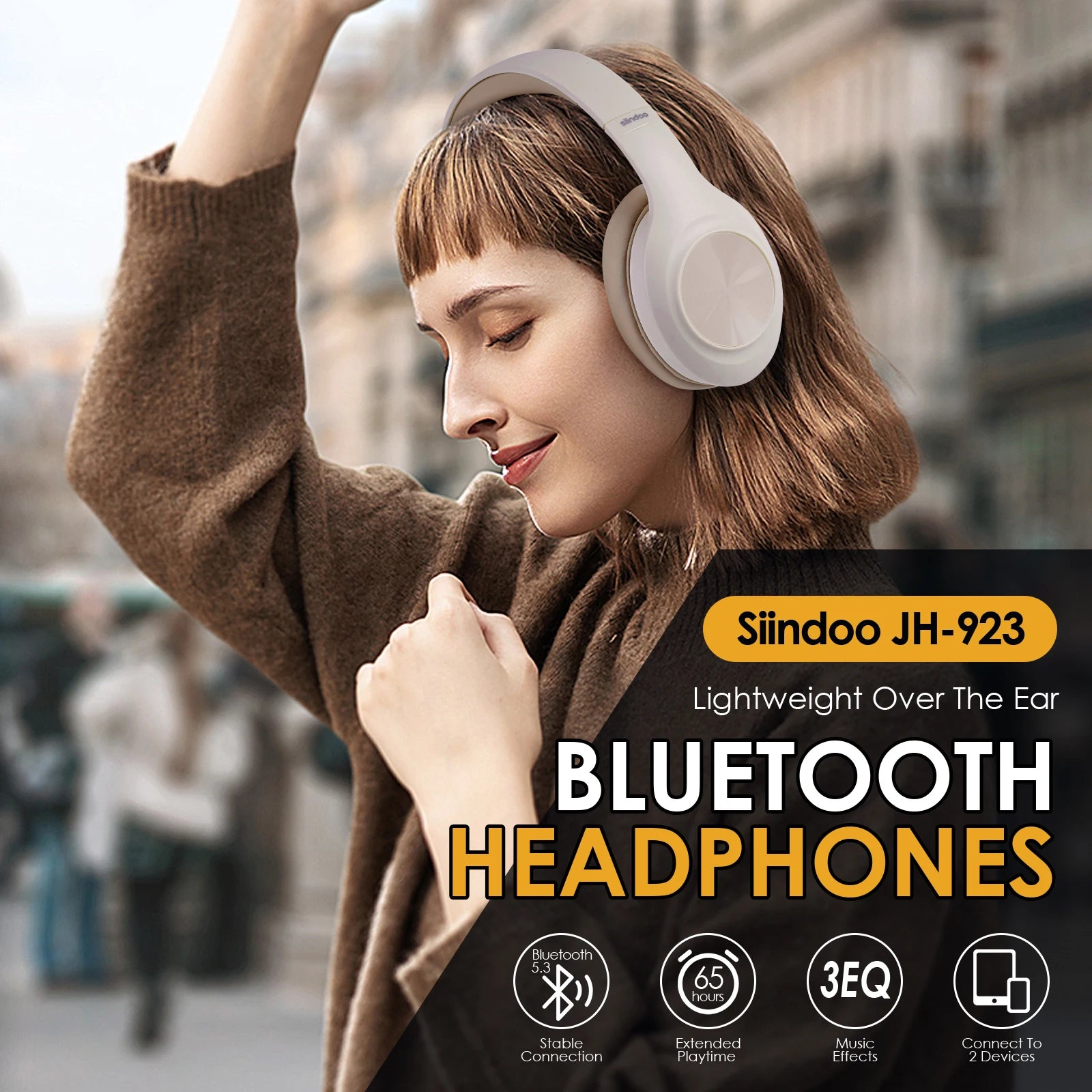 Siindoo JH-923 Wireless Headphones Over Ear,Foldable Bluetooth Headsets,3EQ Sound Modes, Hi-Res Audio with Mic Deep Bass Khaki