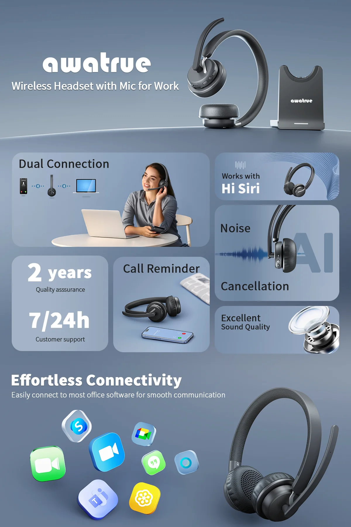 EH11 Wireless Headset Work Bluetooth 5.3 Headset AI Noise Cancelling Mic Call Reminder Wireless Headphone with Voice Assistant