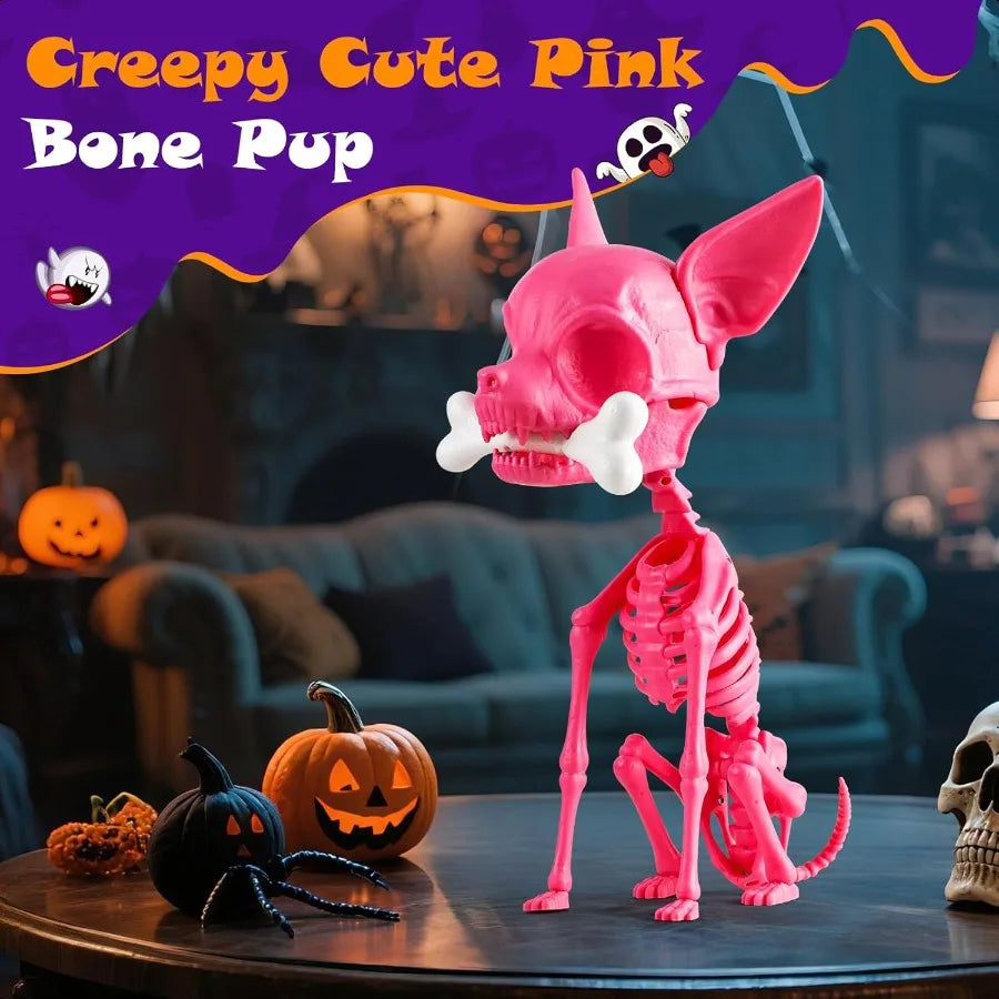 Halloween Skeleton Dog Decor 15inch Pink Cute Puppy Bones Realistic ABS Animal Skeleton for Outdoor Indoor Graveyard Party Disp