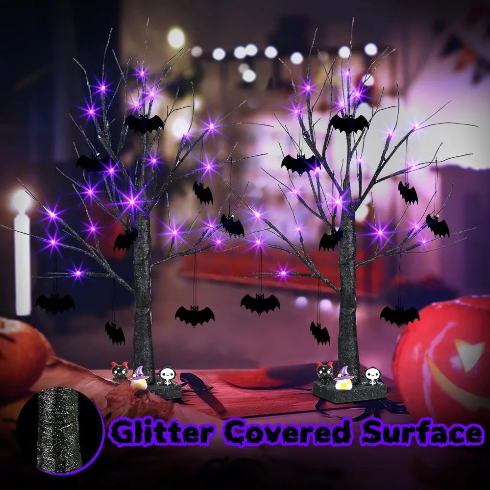 Halloween Decorations, 2FT Black Halloween Tree with 24 Purple Lights and 8 Bat Ornaments, Light up Halloween Decorations with