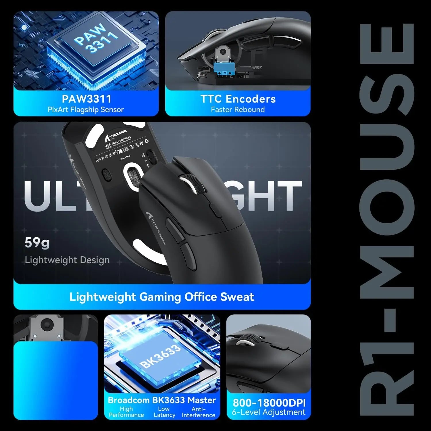 MAMBASNAKE x ATTACK SHARK R1 59g SUPERLIGHT Mouse, PixArt PAW3311 Gaming Sensor, BT/2.4G Wireless/Wired Gaming Mouse