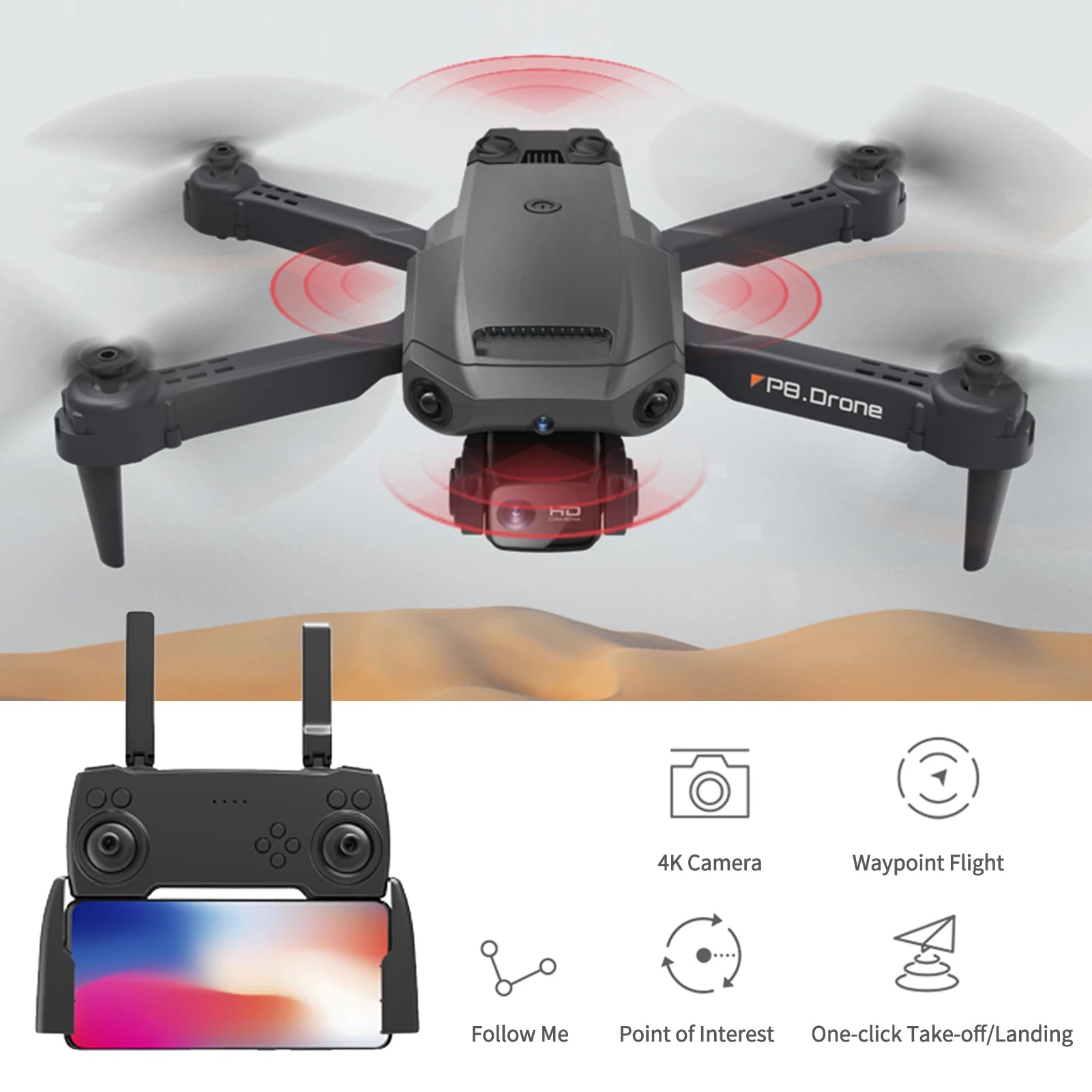 RC Drone with Camera 4K Dual Camera RC Quadcopter with Function 4 Sided Obstacle Avoidance Waypoint Flight Gesture Control Stora