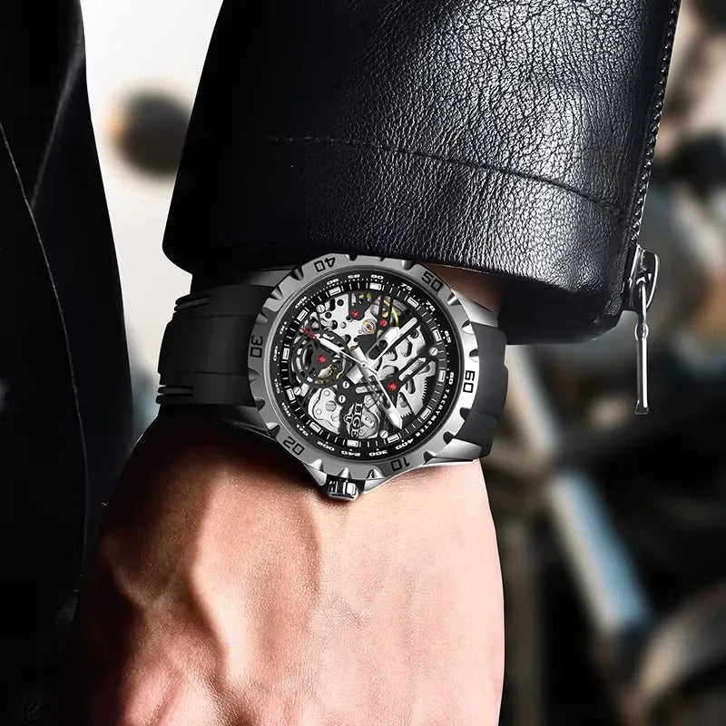 LIGE Luxury Men Watches Automatic Mechanical Wristwatch Skeleton Design Waterproof Silicone Strap Male Watch Reloj Hombre+Box