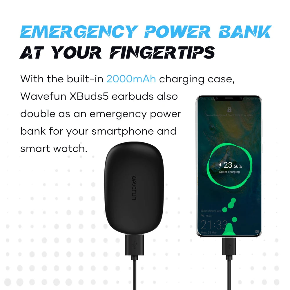 Wavefun XBuds 5 Bluetooth Earphone with Ear Hook 2000mAh Charging Case with Power Bank Function BT5.3 Waterproof Headphones