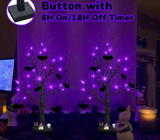 Halloween Decorations, 2FT Black Halloween Tree with 24 Purple Lights and 8 Bat Ornaments, Light up Halloween Decorations with