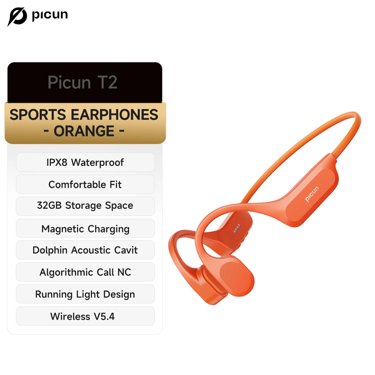 Picun T2 Bone Conduction Earphone IPX8 32GB Bluetooth 5.4 Wireless Headset Hands-free with Mic Waterproof Earbud for Swim Riding