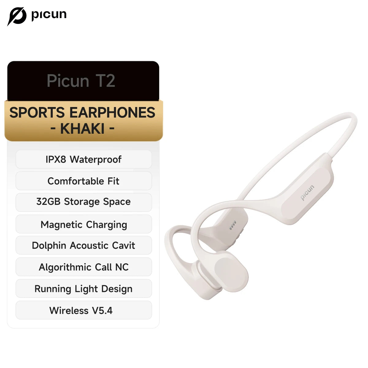 Picun T2 Bone Conduction Earphone IPX8 32GB Bluetooth 5.4 Wireless Headset Hands-free with Mic Waterproof Earbud for Swim Riding