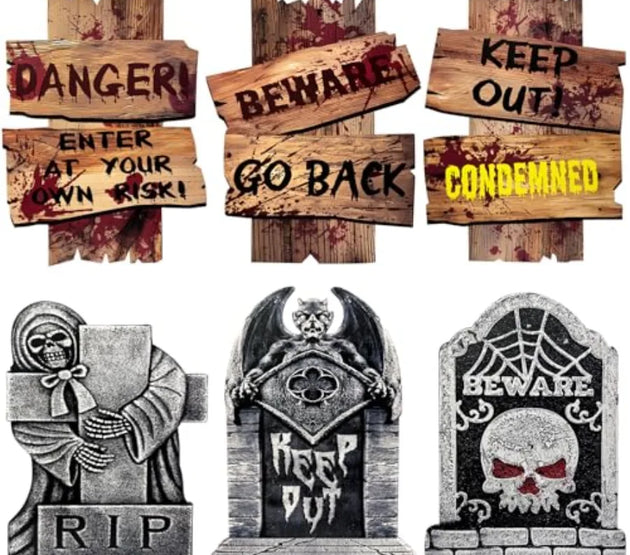 Halloween Decorations Outdoor 6 Pack Realistic Corrugated Plastic Tombstones and Scary Graveyard Signs with Stakes Statues Scar