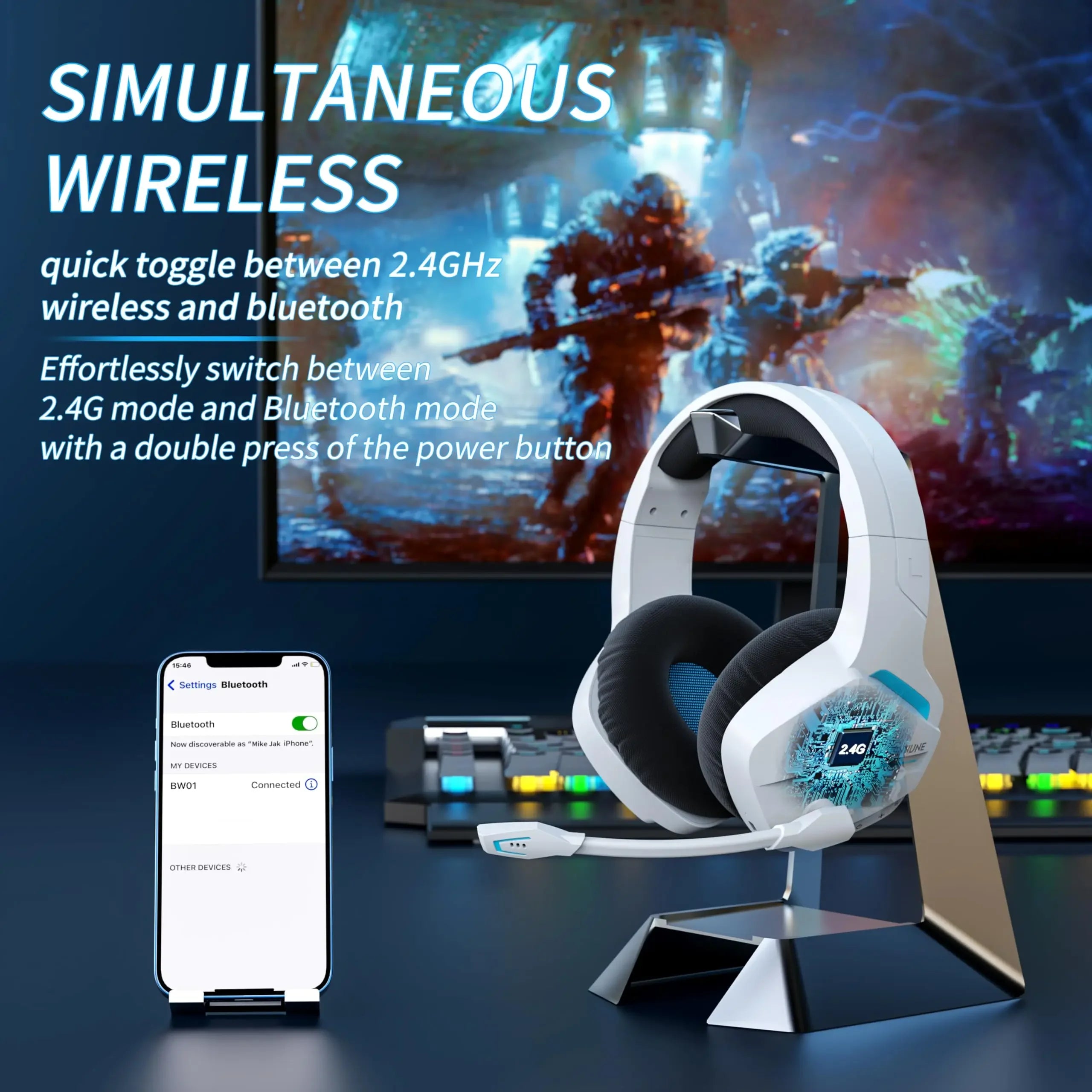 BINNUNE BW01 Wireless Gaming Headset with Mic for PC PS4 PS5 2.4G Bluetooth USB Gamer Headphones with Mic for Laptop Computer