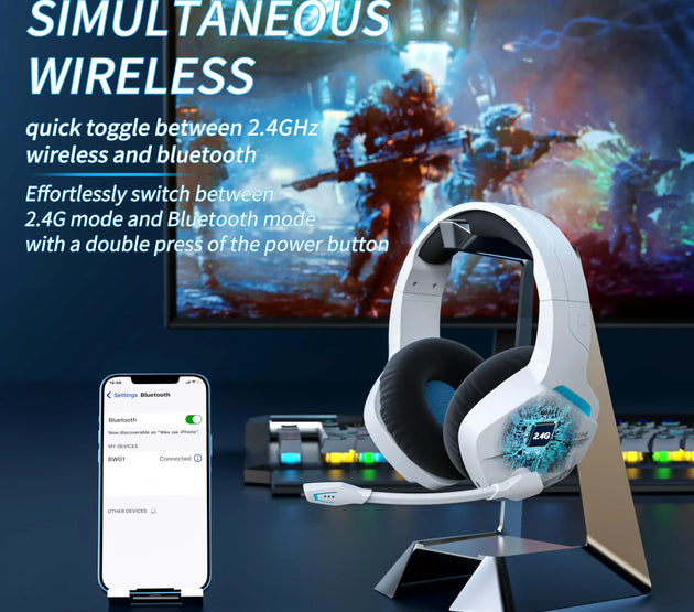 BINNUNE BW01 Wireless Gaming Headset with Mic for PC PS4 PS5 2.4G Bluetooth USB Gamer Headphones with Mic for Laptop Computer