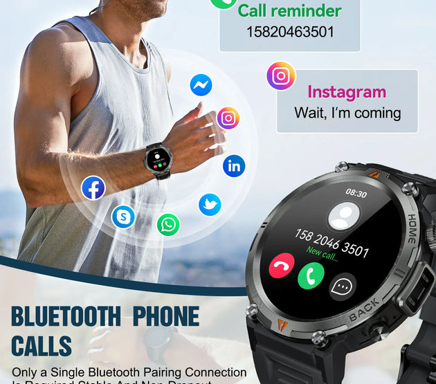 EIGIIS 2024 New KE3 Bluetooth Call Smart Watch Men Full Touch Screen Health Monitor Clock With Flashlight  For IOS Android