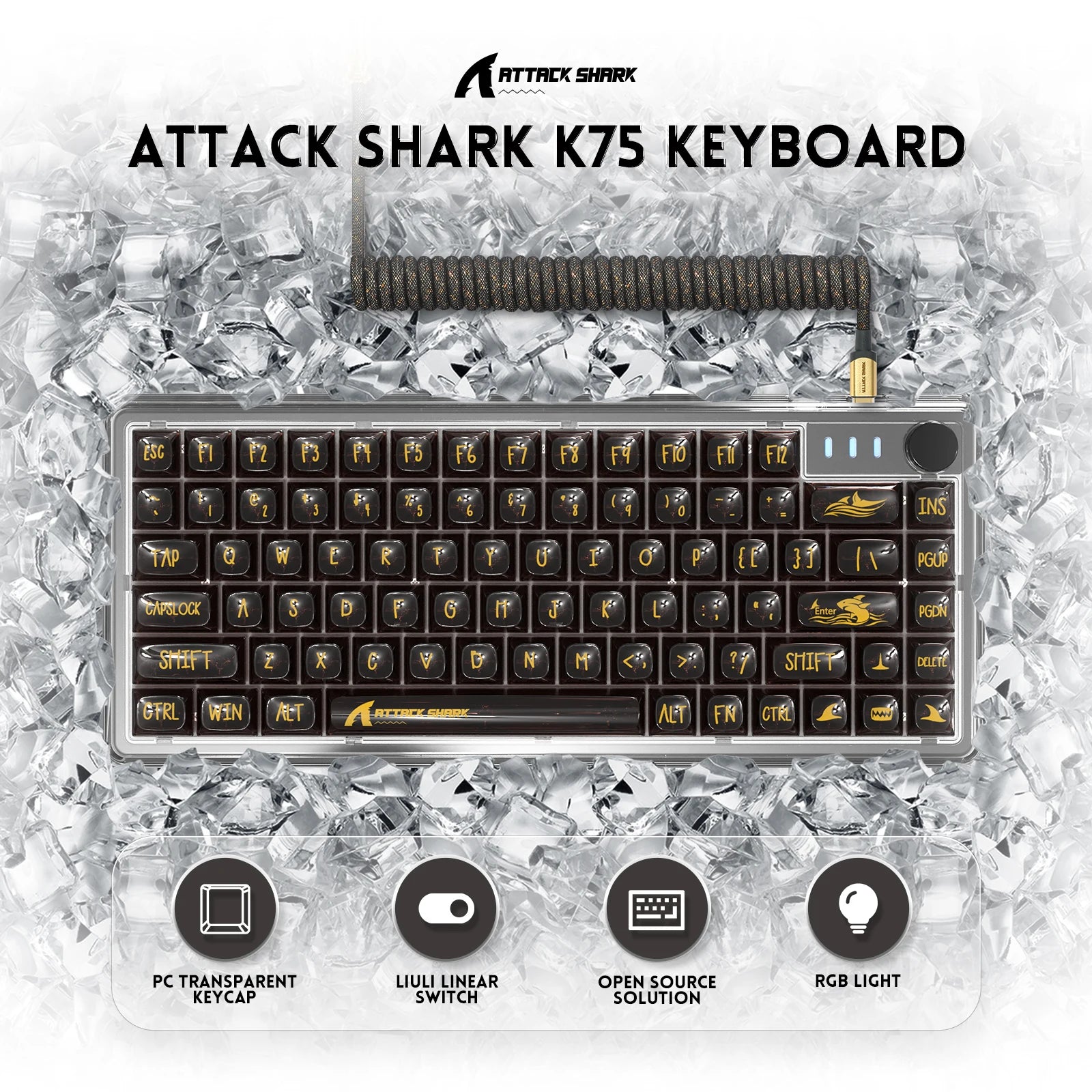ATTACK SHARK K75 75% TKL Mechanical Gaming Keyboard, BT5.0/2.4G/USB-C,RGB,Transparent Gasket with Knob, Hot-Swap, 4000mAh
