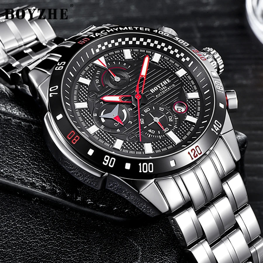 BOYZHE mechanical watch, multi-functional fully automatic mechanical watch, skeleton calendar business watch, waterproof men's w