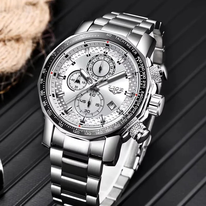 LIGE Men's Watches Chronograph Stainless Steel Waterproof Business Multi-functional Original Exclusive Wristwatch for Men+Box