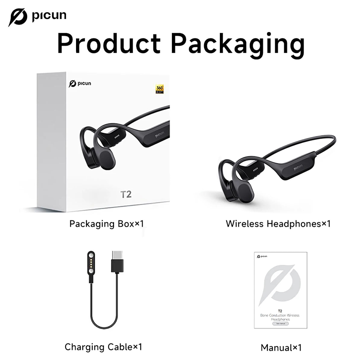 Picun T2 Bone Conduction Earphone IPX8 32GB Bluetooth 5.4 Wireless Headset Hands-free with Mic Waterproof Earbud for Swim Riding