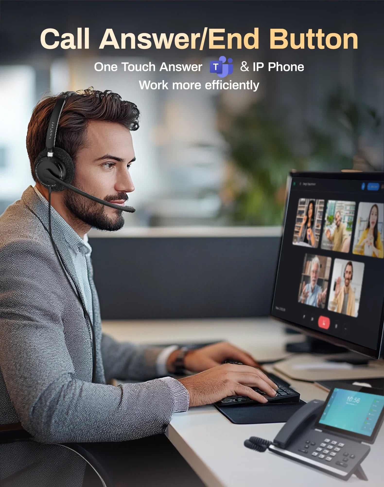 Headset with Call Answer Button Computer Headsets with Microphone for PC, USB Wired Headphone with Noise Reduction Microphone