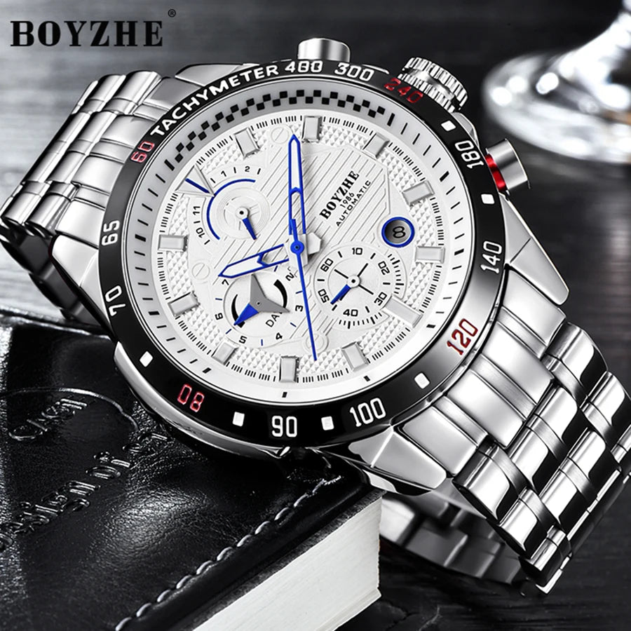 BOYZHE mechanical watch, multi-functional fully automatic mechanical watch, skeleton calendar business watch, waterproof men's w