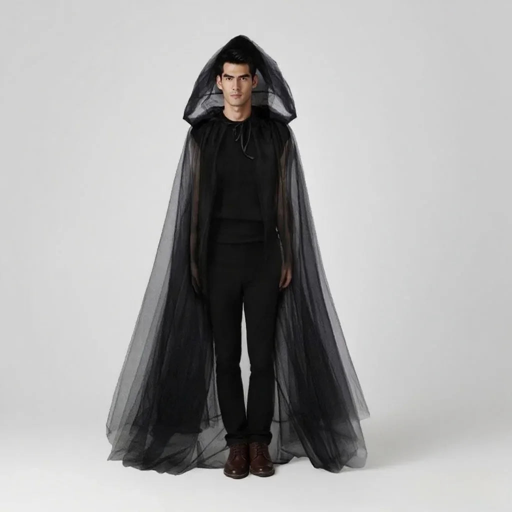 Halloween Hooded Cloak Long Mesh Cape Dark Gothic Costume Witch Robe Unisex Cosplay Outfit