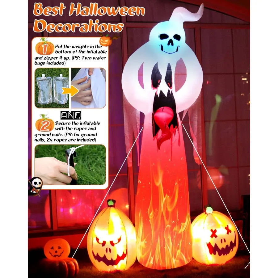 Halloween Inflatable Ghost Outdoor Decorations: 8 FT Scary Ghost with Pumpkin and 3D Tongue Halloween Decor with Buildin LEDs f