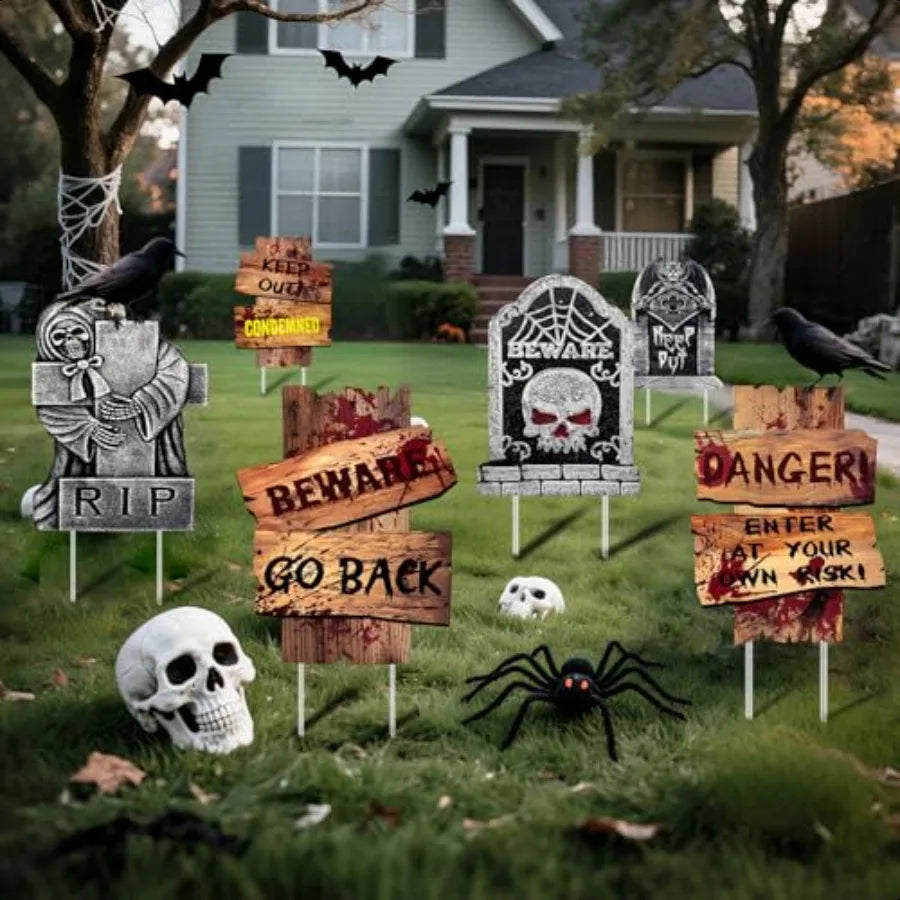 Halloween Decorations Outdoor 6 Pack Realistic Corrugated Plastic Tombstones and Scary Graveyard Signs with Stakes Statues Scar