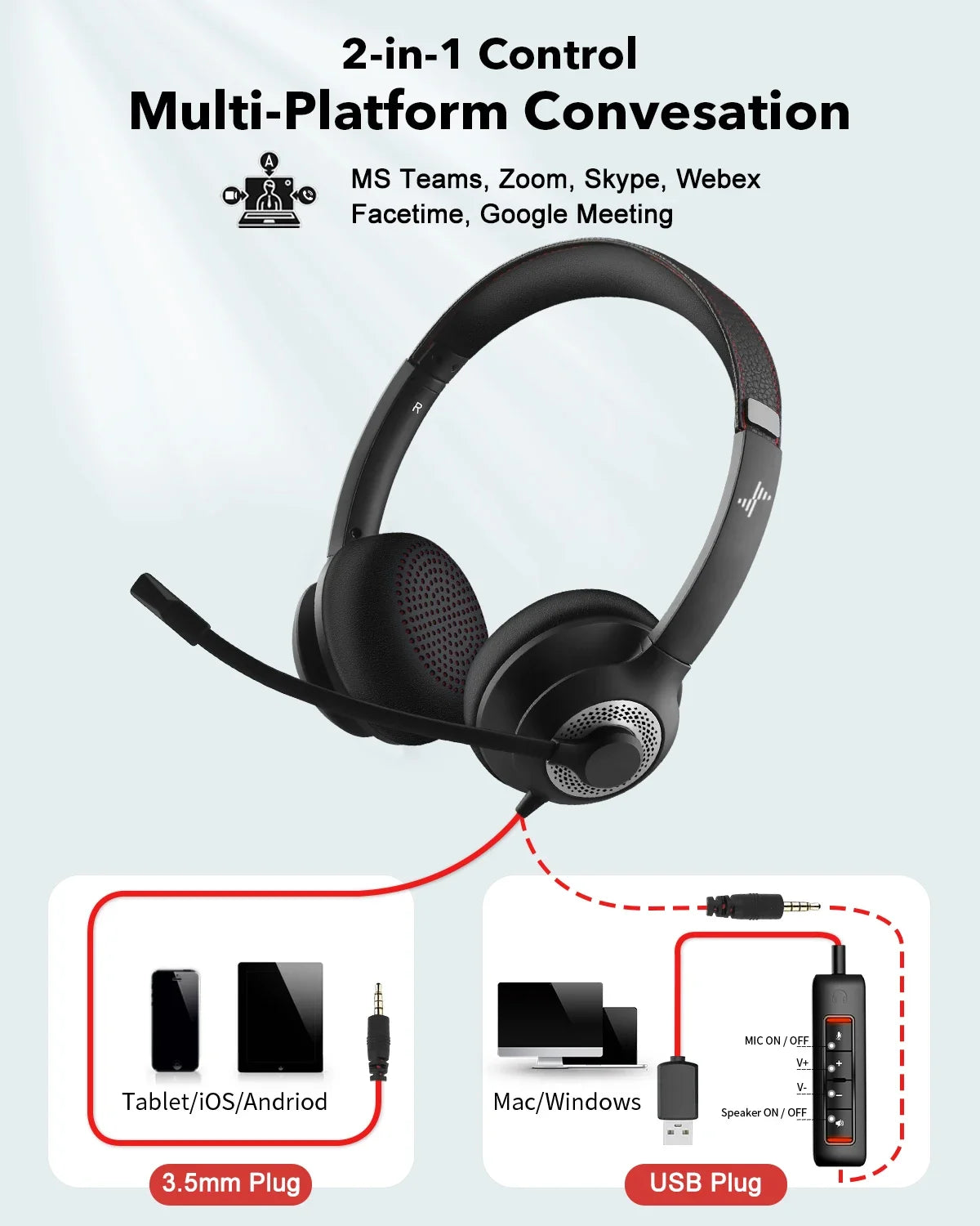 JIAMQISHI USB Headphones PC Computer Headset Noise Cancelling with MIC in-line Control for Home Office Online Class Skype Zoom