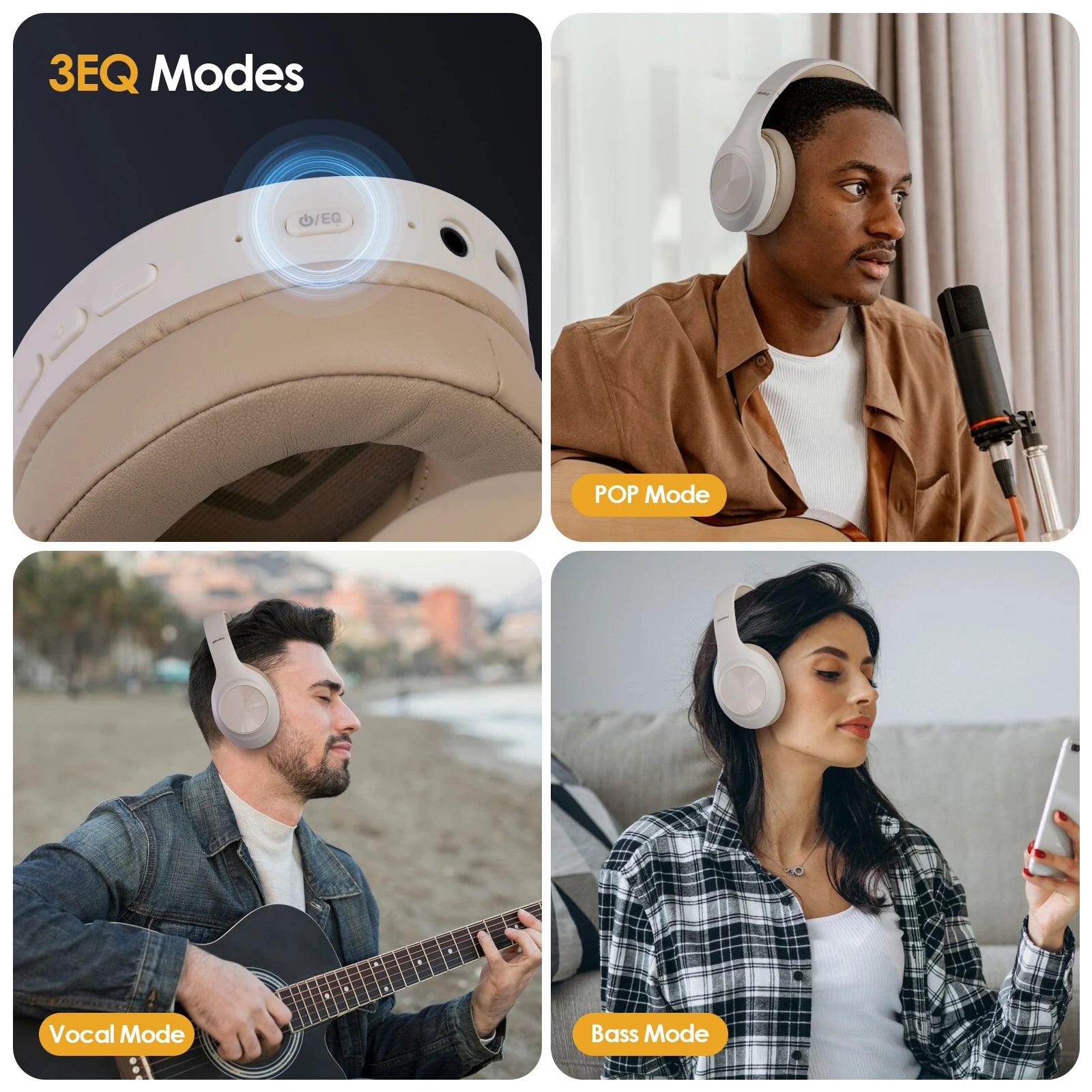 Siindoo JH-923 Wireless Headphones Over Ear,Foldable Bluetooth Headsets,3EQ Sound Modes, Hi-Res Audio with Mic Deep Bass Khaki