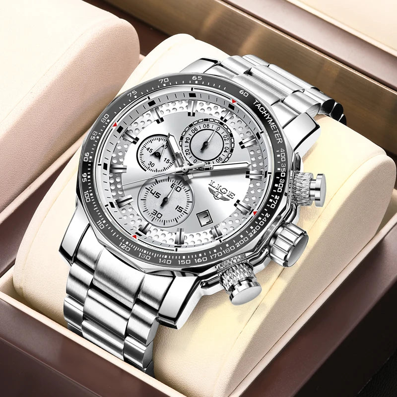 LIGE Men's Watches Chronograph Stainless Steel Waterproof Business Multi-functional Original Exclusive Wristwatch for Men+Box