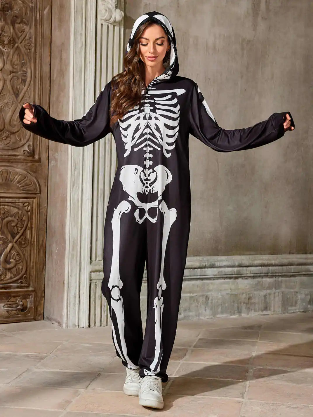 Adult Skeleton Onesie Costume, Black and White, Hooded Halloween Jumpsuit, Women Skull Bodysuits