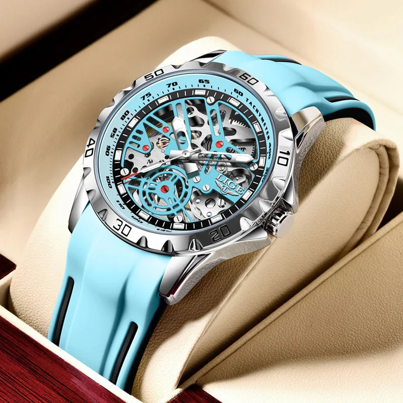 LIGE Luxury Men Watches Automatic Mechanical Wristwatch Skeleton Design Waterproof Silicone Strap Male Watch Reloj Hombre+Box