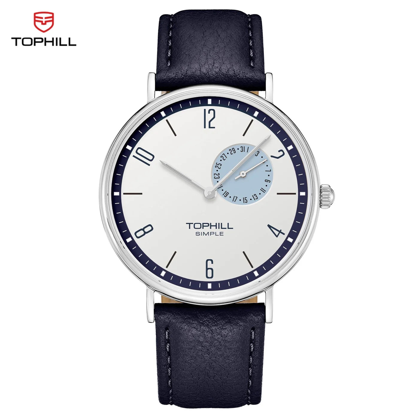 TOPHILL Men's Bauhaus Quartz Watch Ultra Slim 40mm Minimalist Dial Sapphire Glass Leather Strap Stainless Steel Case