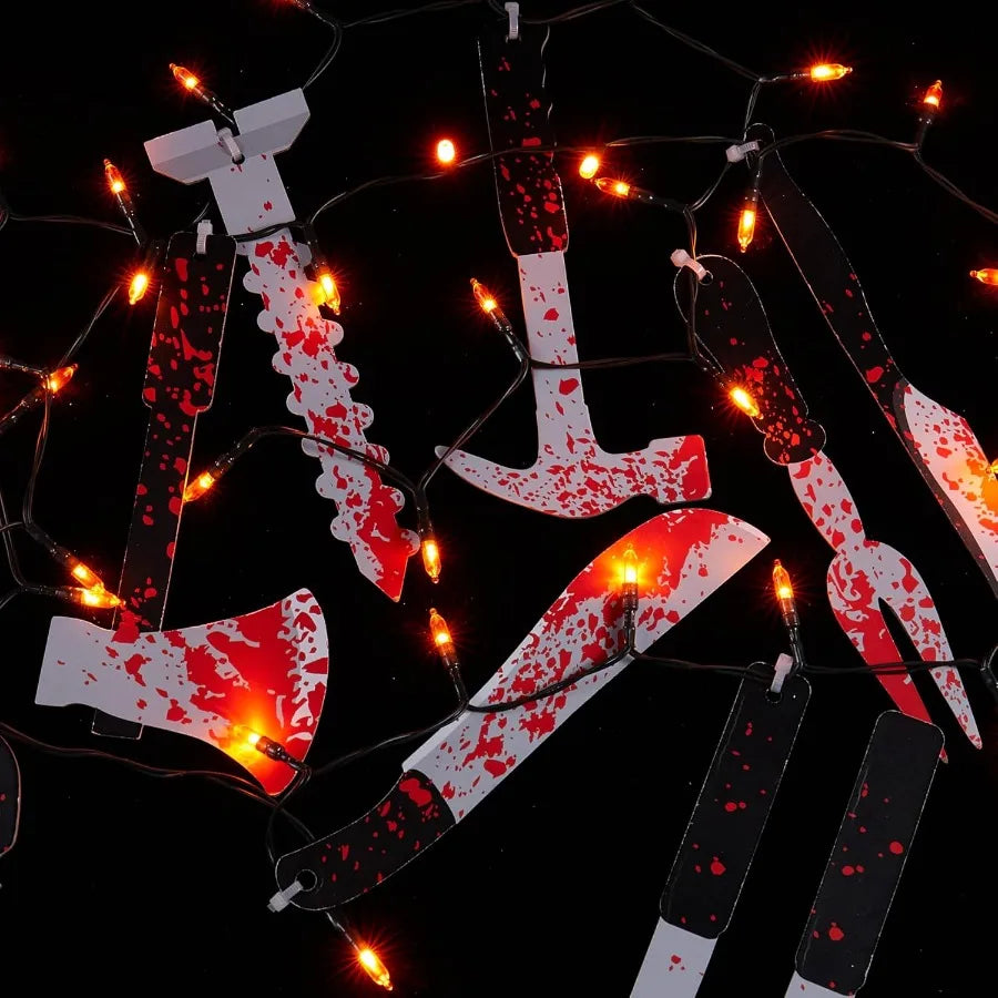 Scary Halloween Decorations Props 12 FT Halloween String Lights with 16 Fake Bloody Knives 50 LED Orange Big Bulbs 8 Modes Batt