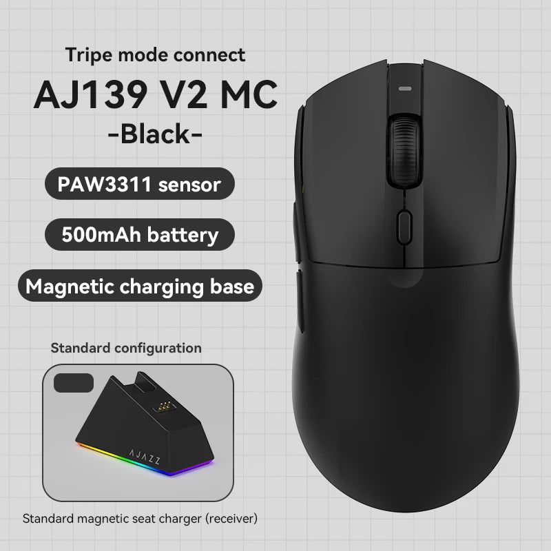 AJAZZ AJ139 V2 Wireless Mouse Three-Mode Gaming Office Professional Right Hand Gaming Magnetic Stand Charger PAW3395