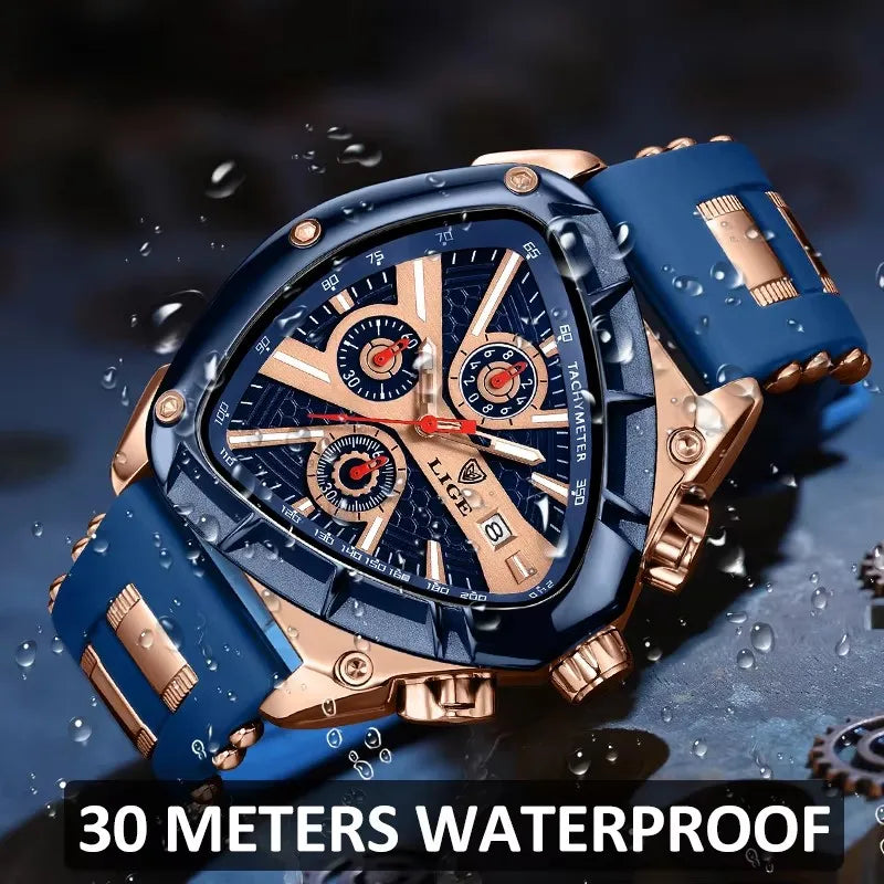 LIGE Fashion Men Watch Triangle Chronograph Military Wristwatch Sport Army Mens Watches Luxury Waterproof Quartz Clock Man Reloj