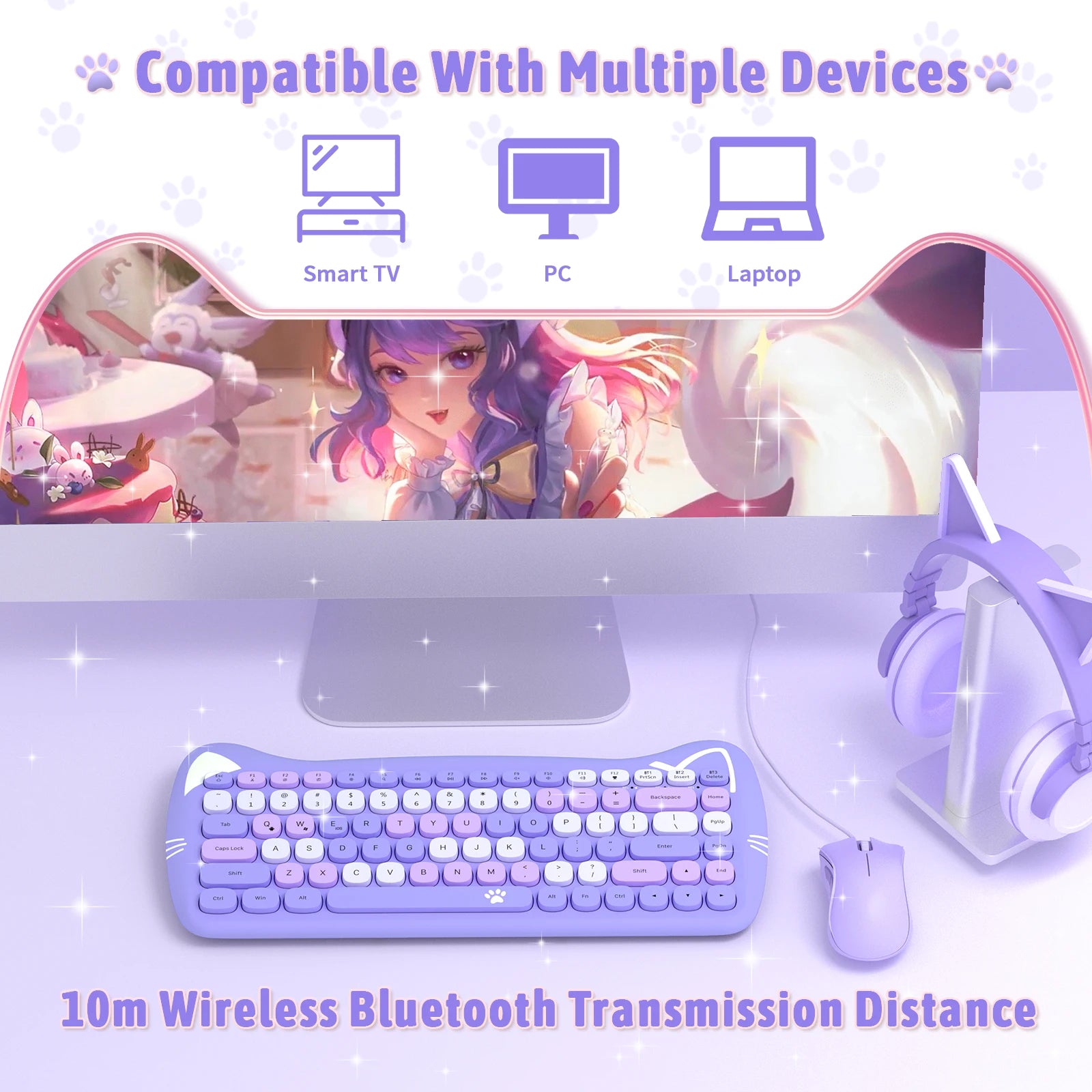 3060i 84-Key Cute Bluetooth Keyboard, Portable Thin Wireless Keyboard with Colorful Round Keycap/Kawaii Cat Ears Design