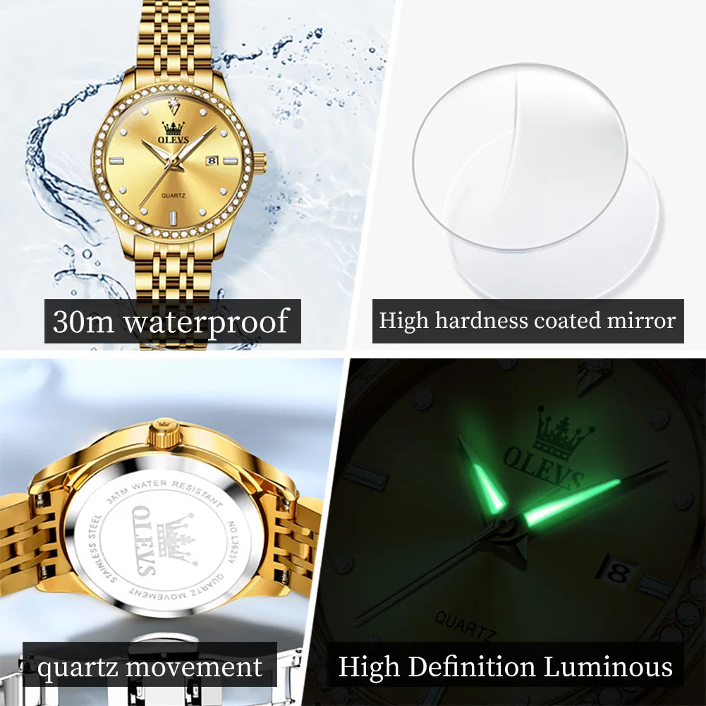 OLEVS Luxury Brand Women's Watches Elegant Gold Fashion Quartz Watch Luminous Versatile Waterproof Female Authentication Watch