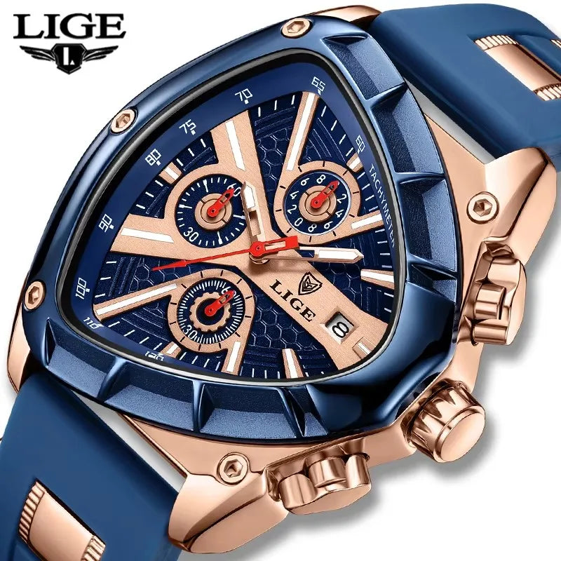 LIGE Fashion Men Watch Triangle Chronograph Military Wristwatch Sport Army Mens Watches Luxury Waterproof Quartz Clock Man Reloj