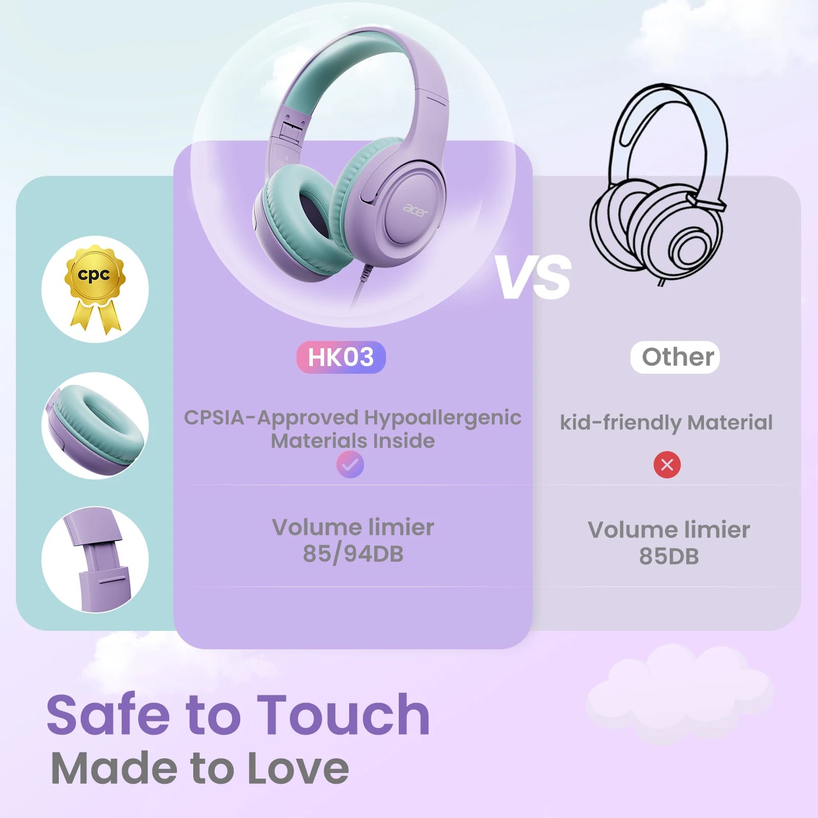 Acer Kids Headphones Wired for School 85/94dB Volume Limiter Foldable Stereo Sound Headset for Kids Learning Tablet IPad PC