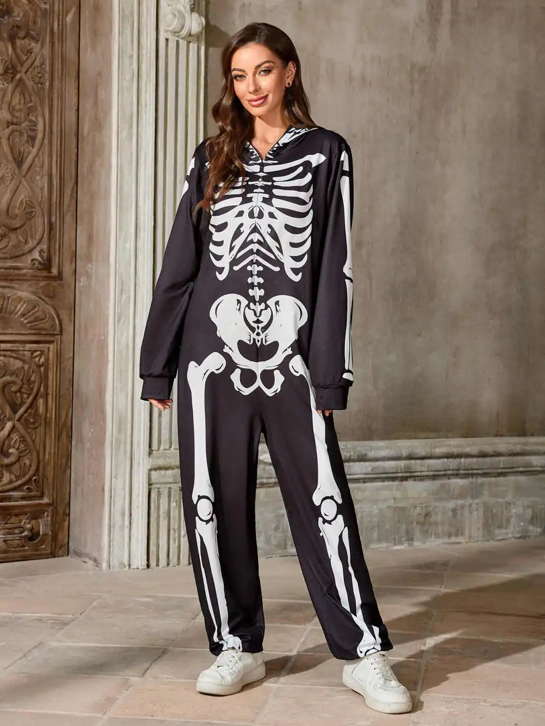 Adult Skeleton Onesie Costume, Black and White, Hooded Halloween Jumpsuit, Women Skull Bodysuits