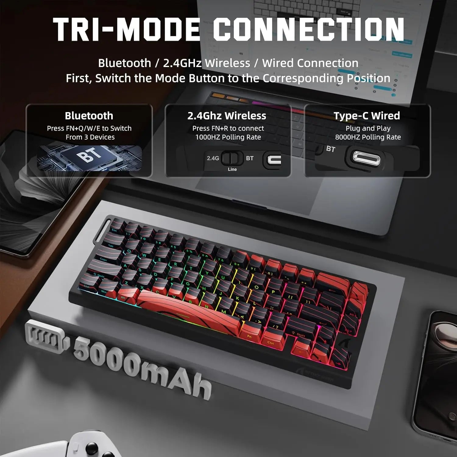 MAMBASNAKE x ATTACK SHARK X68 PRO HE Wireless Rapid Trigger Gaming Keyboard with Adjustable Actuation,8K Polling Rate