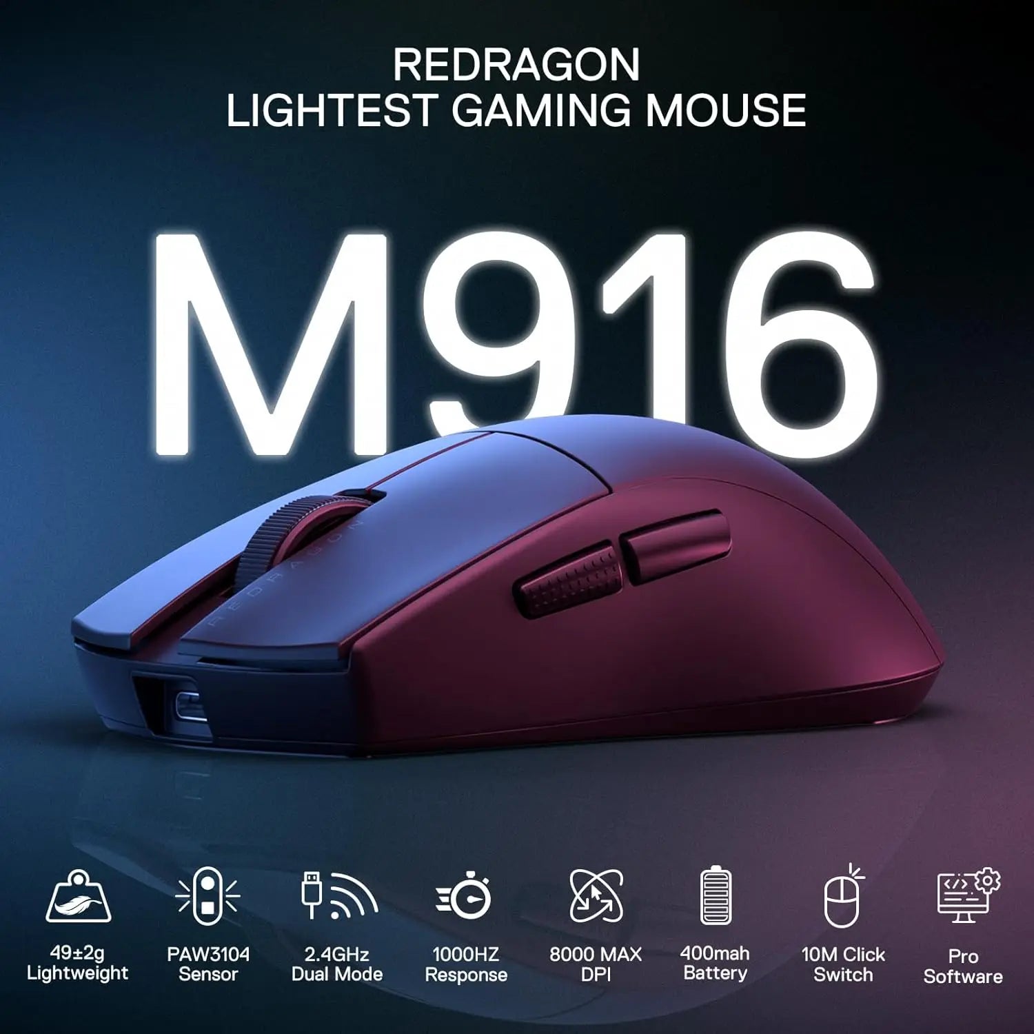 Redragon M916 Wireless Gamer Mouse, 49G Ultra-Light 8K DPI 2.4G Wireless Gaming Mouse w/Ergonomic Natural Grip Build