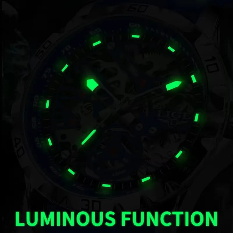 LIGE Luxury Men Watches Automatic Mechanical Wristwatch Skeleton Design Waterproof Silicone Strap Male Watch Reloj Hombre+Box