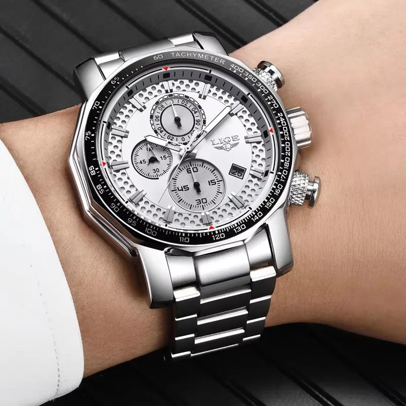 LIGE Men's Watches Chronograph Stainless Steel Waterproof Business Multi-functional Original Exclusive Wristwatch for Men+Box
