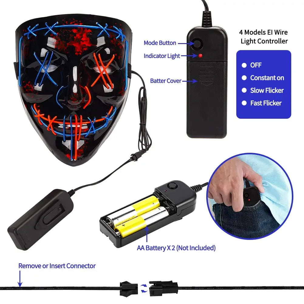Halloween V-Shaped Glowing Mask - Harmless Material, Easy to Use, Multi-Festival, 3 Lighting Modes, Red & Blue