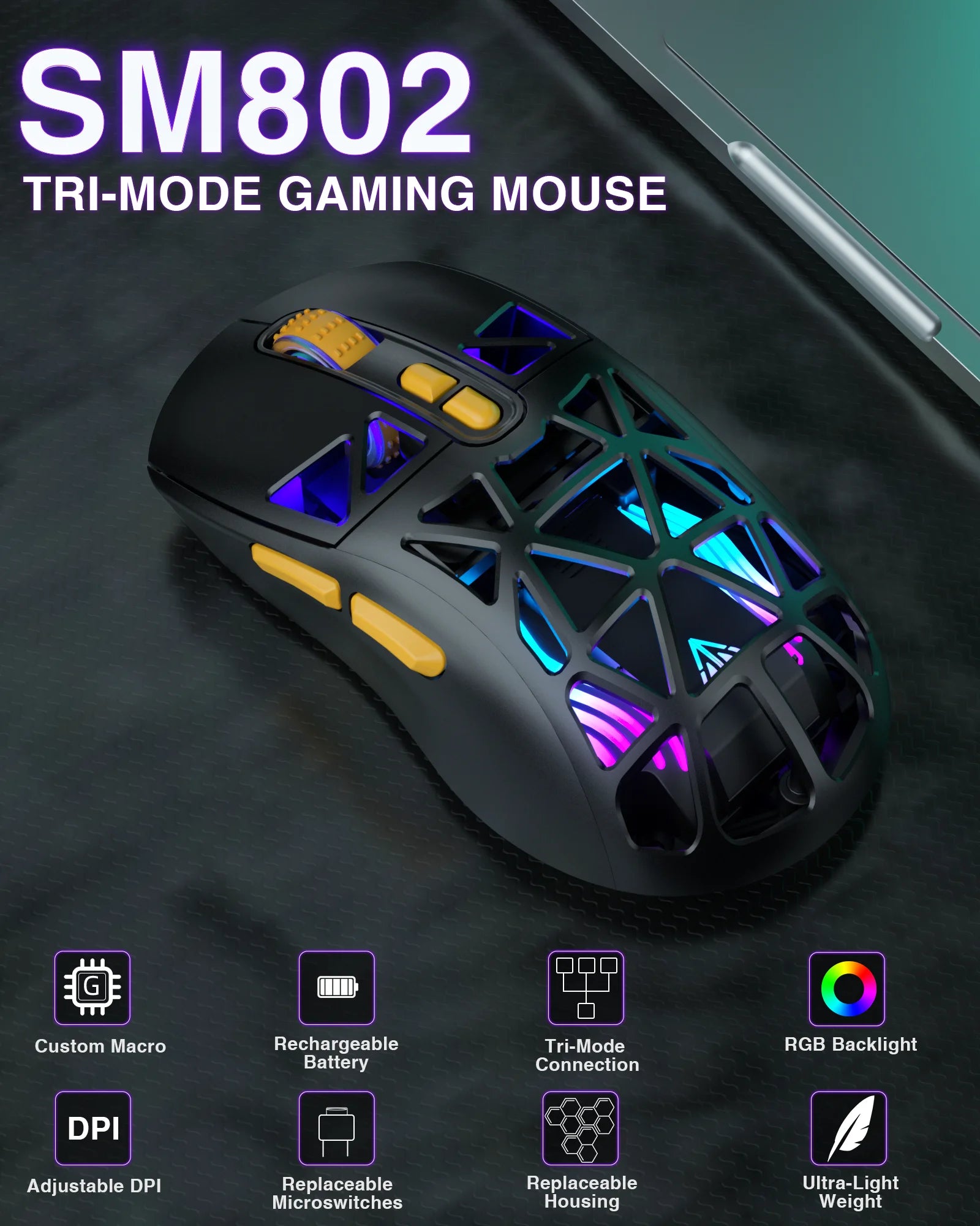 SOLAKAK SM802 Tri-modes Gaming Mouse Replaceable Shell Macros, 6-adjustable DPI, 600mah, RGB, lightweight