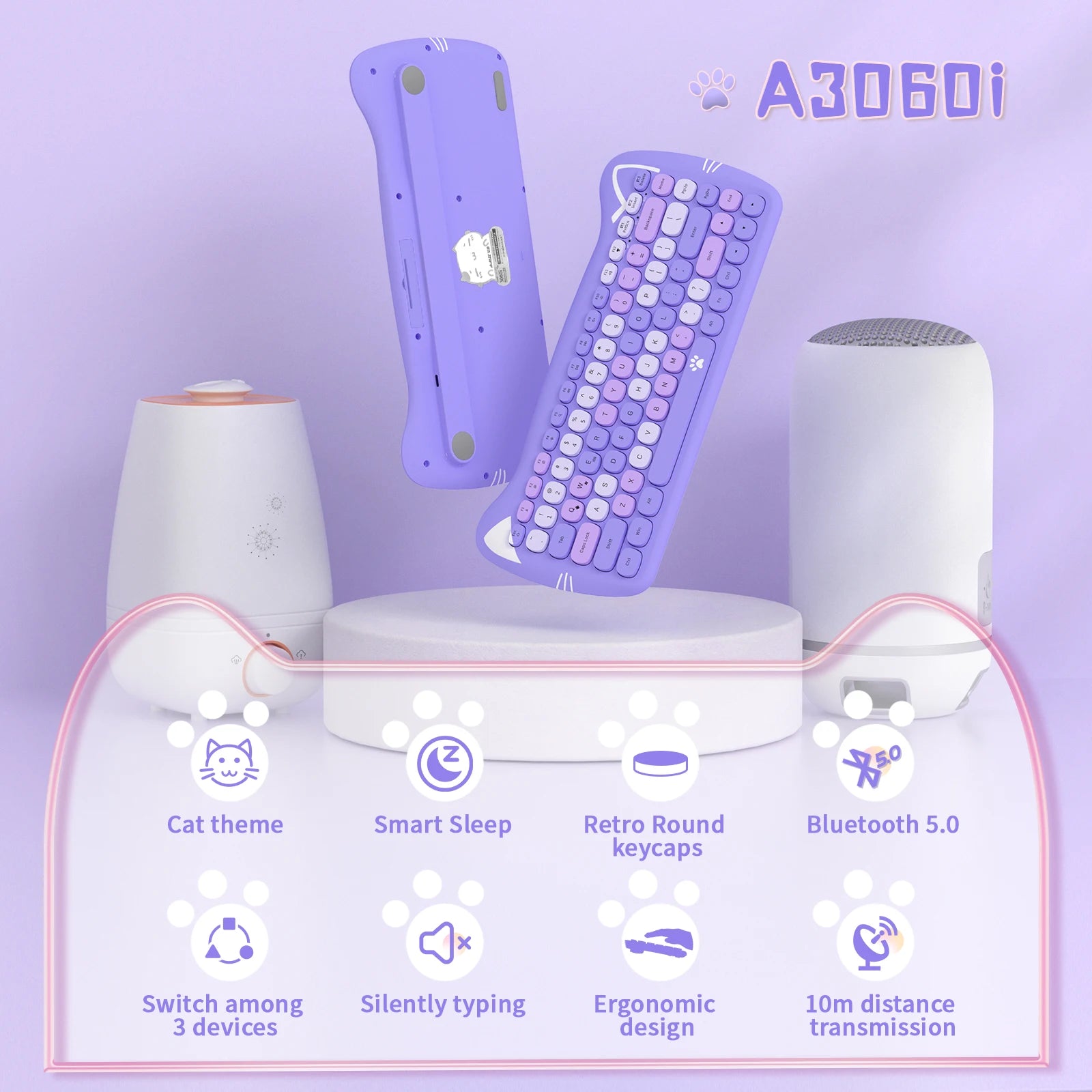 3060i 84-Key Cute Bluetooth Keyboard, Portable Thin Wireless Keyboard with Colorful Round Keycap/Kawaii Cat Ears Design